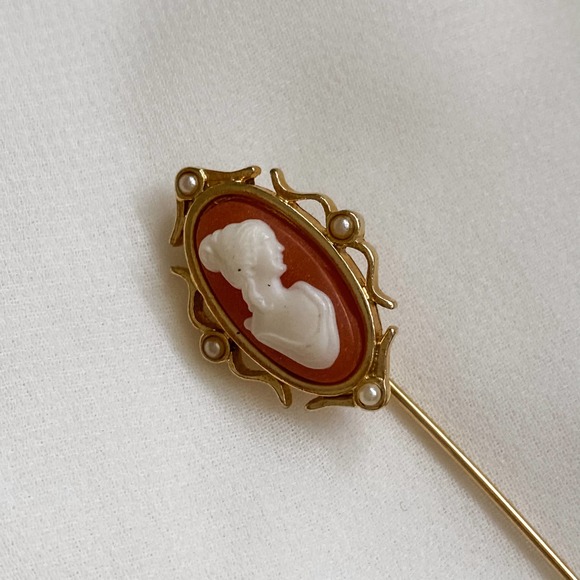 VTG Coral Peach Cameo Hat Pin Brooch - Picture 2 of 7